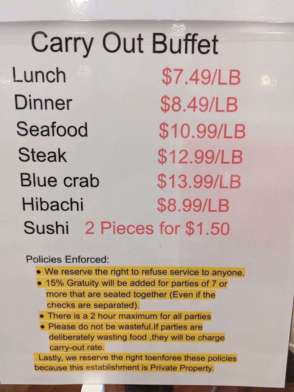 Printed menu with buffet pricing categories.