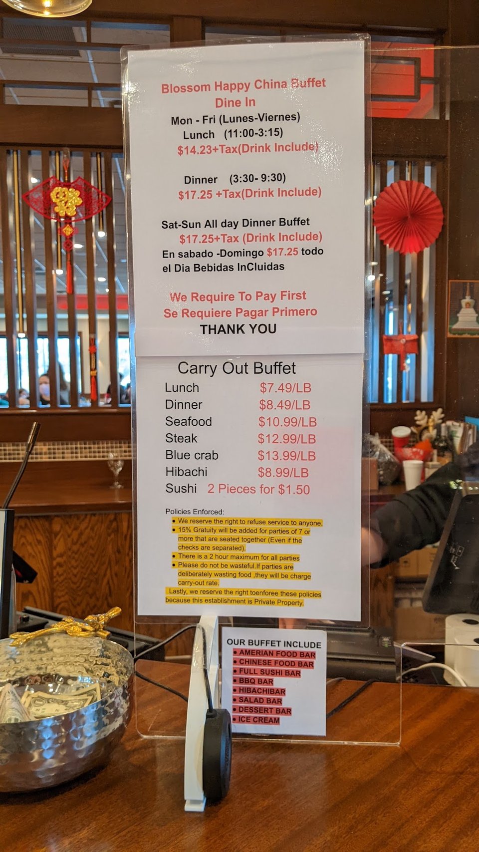 Restaurant menu listing lunch, dinner, and weekend service.