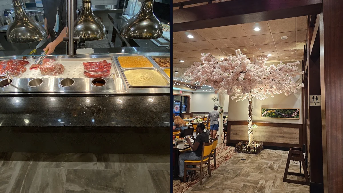 Buffet tables with a wide mix of Asian dishes.