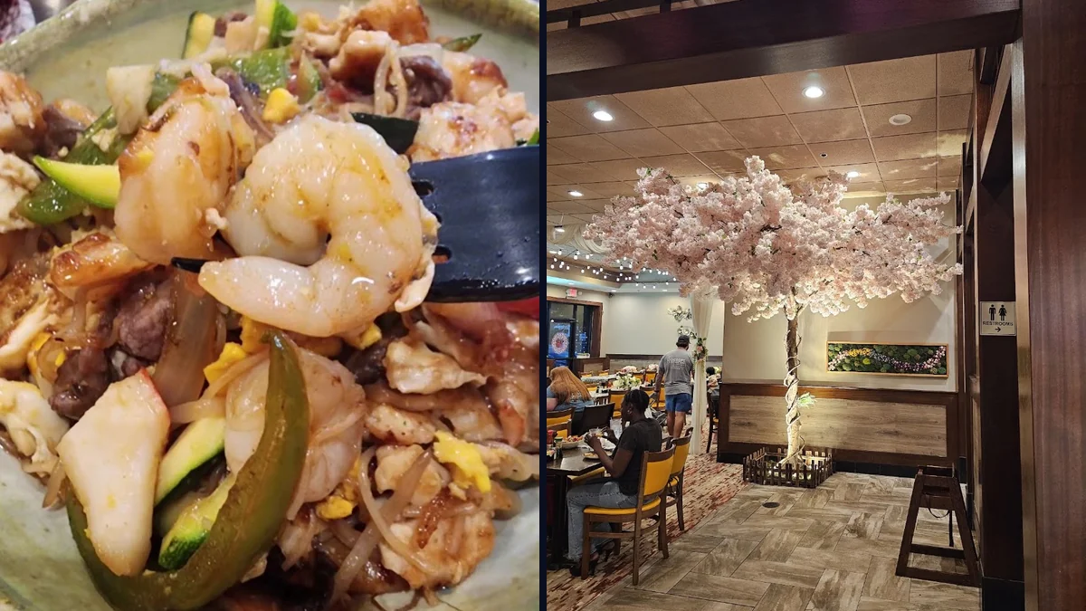 Colorful food trays arranged under bright buffet lights.