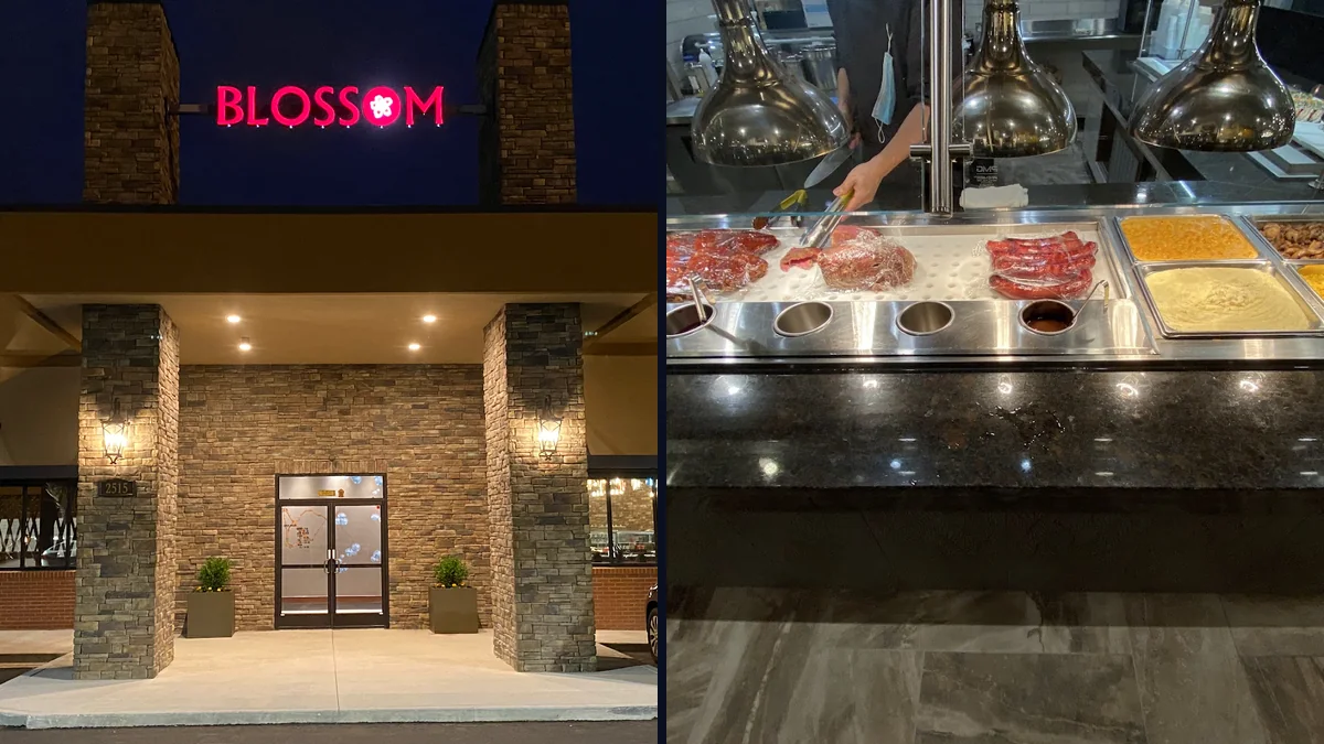 Spacious restaurant interior with a welcoming buffet setup.