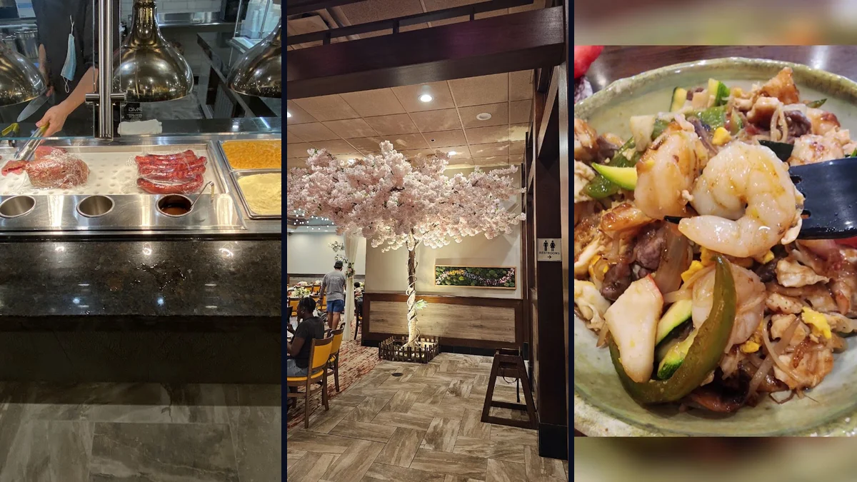 Buffet tables with a wide mix of Asian dishes.