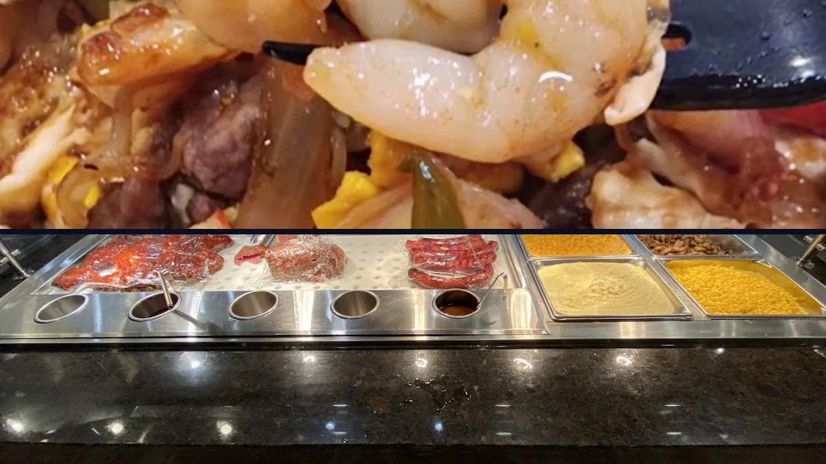 Spacious restaurant interior with a welcoming buffet setup.